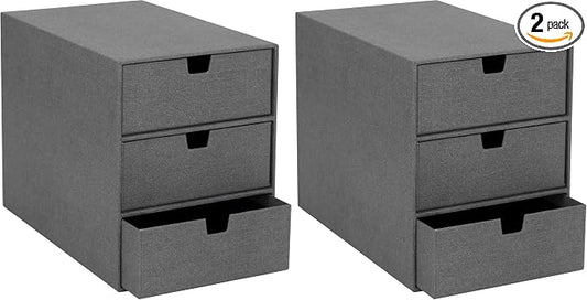 Bigso Box of Sweden Ingrid 3-Drawer Canvas Fiberboard Desk Organizer for Office Supplies and Accessories - Stackable Makeup Drawer Organizer - 6.3in x 9.9in x 8.1in - Grey (Pack of 2) by Bigso