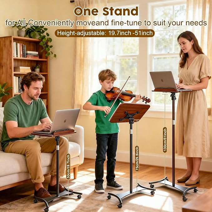 2 in 1 Dual-use Music Stand & Desktop Book Stand, Adjustable Height 16.5"-51", 100% Solid Wood Laptop Floor Stand Book Holder with Elastic Page Clips for Cookbooks (Black Walnut-Wheeled) - Image 3