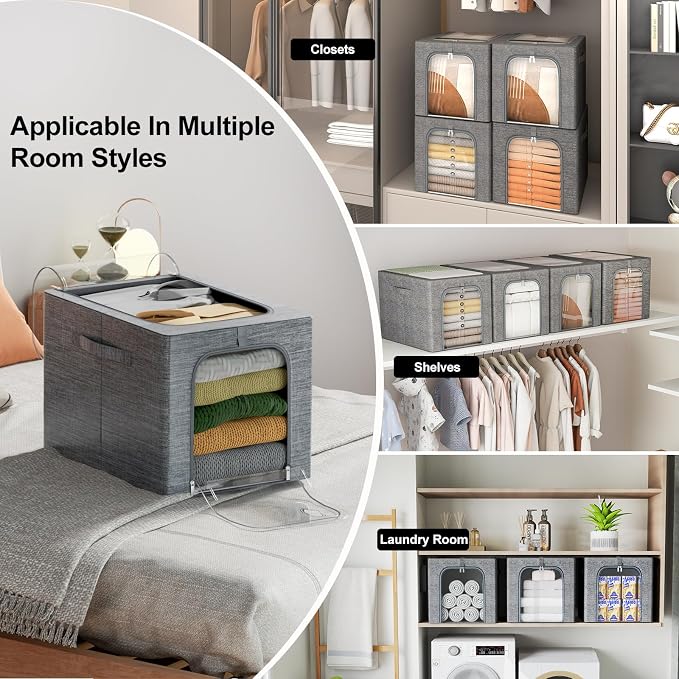 GoMaihe Clothes Storage Bins with Metal Frame for Closet, 40L 4-Pack Grey | Sweaters Hoodies Jeans T-Shirt, Closet Top Shelf Organizer, Steel Frame Collapse-Proof, Stackable, Clear Window, Dual Access - Image 9