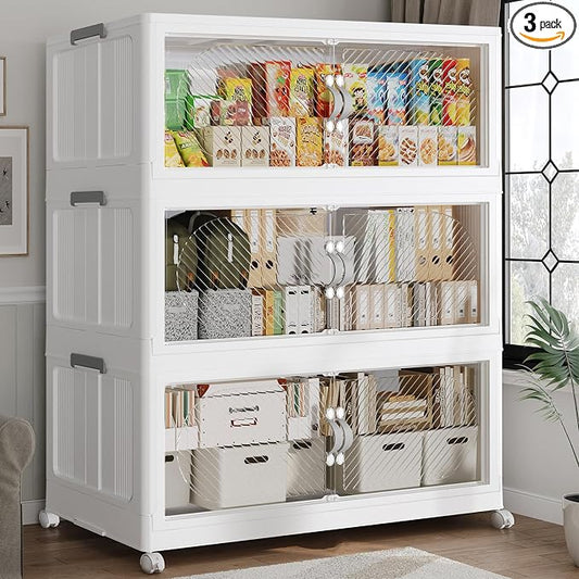 360QT Extra Large Stackable Storage Bins with Lid, 90Gal Plastic Closet Organizers and Storage Drawer, Collapsible Cabinet Box with Wheels Clear Doors for Home Kitchen Garage, 3Pack White by QAVABIN