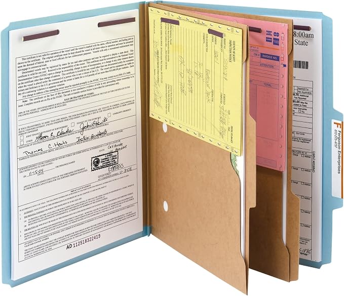 Smead Pressboard Classification File Folder with SafeSHIELD Fasteners, 2 Pocket Dividers, 2" Expansion, Letter Size, Blue, 10 per Box (14081) - Image 2