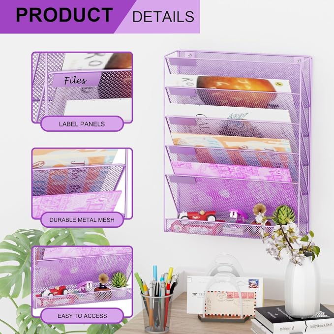 Wall File Organizer Holder Mesh Hanging Paper Document Holder, Vertical 6 Pocket Tier for Office Home, Light Purple - Image 4