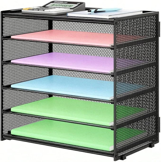 6 Trays Paper Organizer with Handle - Mesh Desk File/Letter Paper Sorter Organizer for Office, Home or School (Black with Closed top) by SUBEKYU