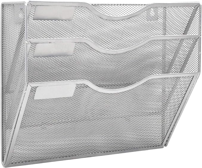 3 Pocket Mesh Hanging Wall File Organizer, Wall Mounted Mail Paper Document Folder Holder, Clipboard Storage Organization Magazine Rack with Nametag Label for Office Home School, Silver by EASEPRES