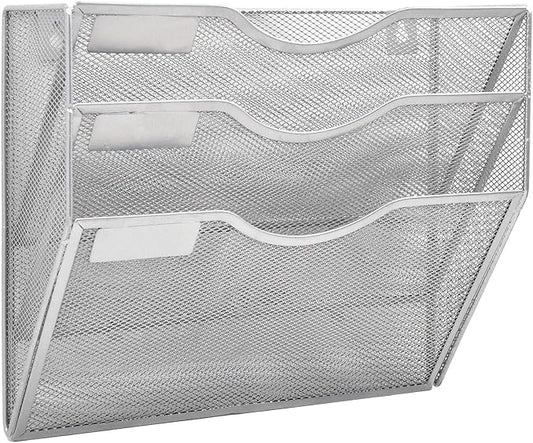 3 Pocket Mesh Hanging Wall File Organizer, Wall Mounted Mail Paper Document Folder Holder, Clipboard Storage Organization Magazine Rack with Nametag Label for Office Home School, Silver by EASEPRES