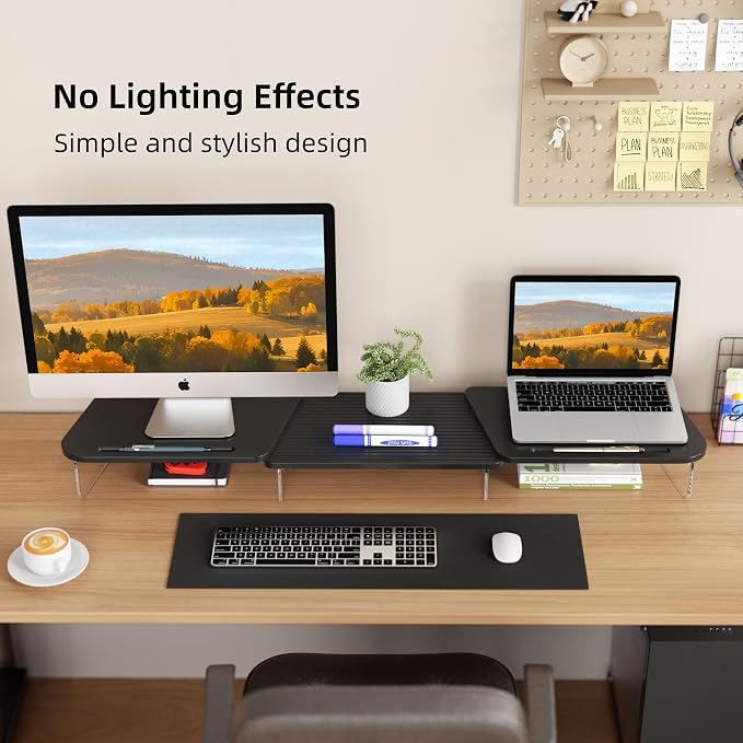 AFOOYO LED Dual Monitor Stand Riser for 2 Monitors,Office Desktop Wooden Stand Adjustable Length and Angle 3 Shelf,Extra Long Multifunctional Stand up to 39.3" for Computer,Laptop,TV,Black - Image 2