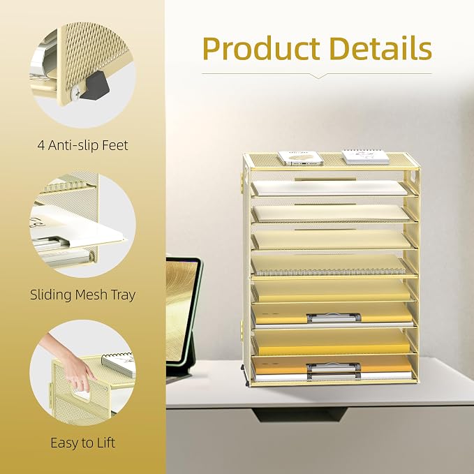 9-Tier Paper Organizer for Desk, Metal Mesh Letter Tray with Handles, Gold | Desk File Organizer with Removable Trays for Sorting Files, Folders, Mail and Printer Paper at Home, School or Office - Image 3