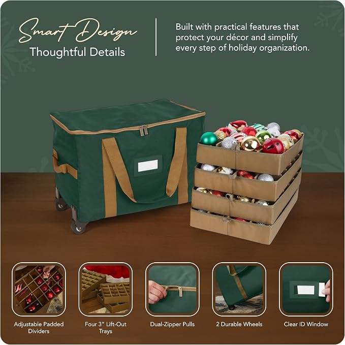 Covermates Keepsakes Rolling Adjustable Ornament Storage Bag – Heavy-Duty Polyester, FlexGrid Trays & Padded Dividers – Protective Holiday Organizer with Wheels, Handles & ID Window, Green - Image 4