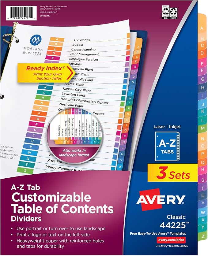 Avery A-Z Dividers for 3 Ring Binders, 26 Tabs per Set, Customizable Table of Contents, Multicolor Tabs, Great for Organizing Reports, Projects, and More (3 Sets of 44225) by Avery