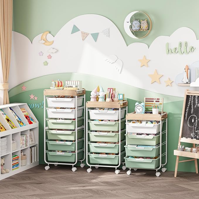 Utility Cart with 5 Drawers, Art Cart for Teacher Kid, Green | Rolling Storage Cart for Crafters Artists Student Storage Arts Crafts & Study Supplies in Craft Room Dorm Classroom Kids Room - Image 7