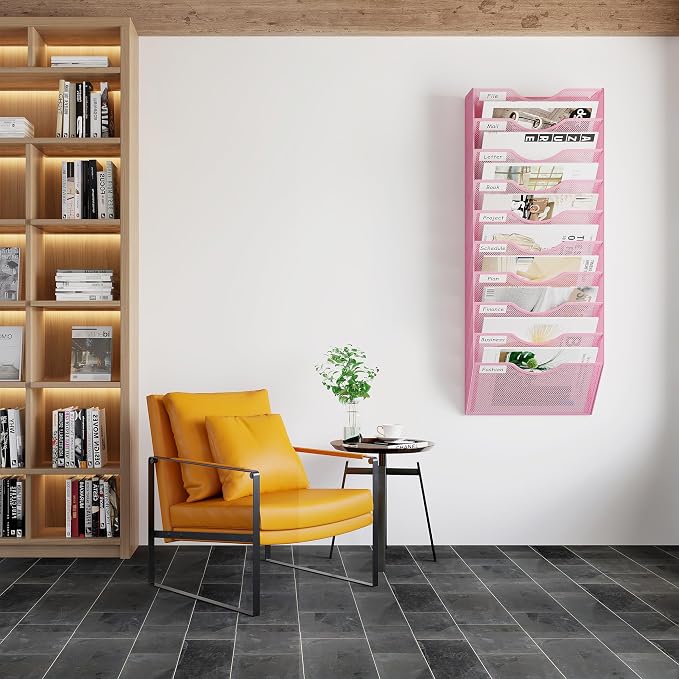 EasyPAG 10 Pocket Mesh Wall File Organizer, Hanging Paper Folder Holder with Classify Label, Vertical Wall Mount Mail Organizer for Office Home Classroom, Pink - Image 6