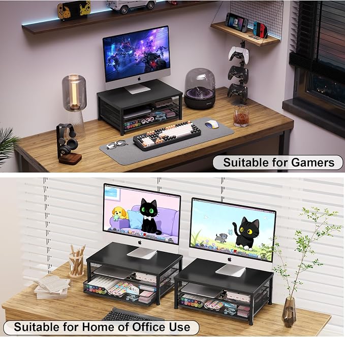 Computer Monitor Stand Riser, Desk Organizer with Drawer, Printer & Laptop Stand, Office Desk Accessories & Workspace Desktop Organizers Storage for Office Supplies(Black 2-Pack) - Image 3