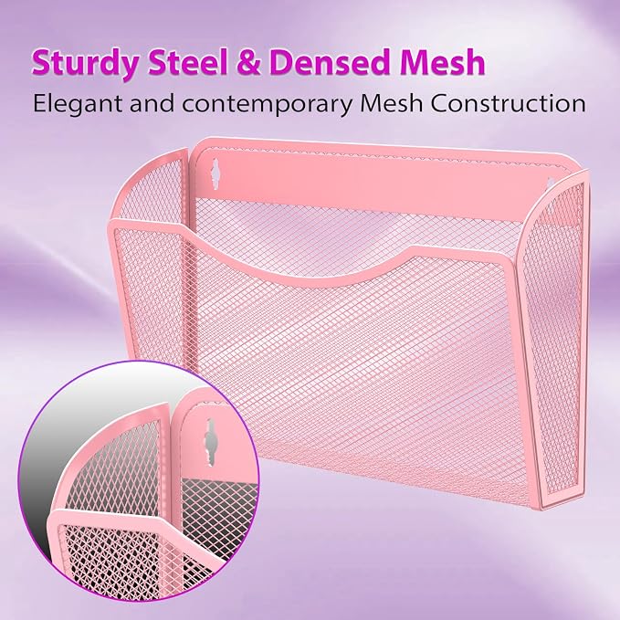 MINDEPOT Wall File Organizer, Hanging Wall File Holder, 2 Pack, Pink | Heavy Duty Iron, Metal Mesh Wall Mount, Single Pocket, Mail Organizer, for Office School Classroom Home, Letter A4 Size - Image 4