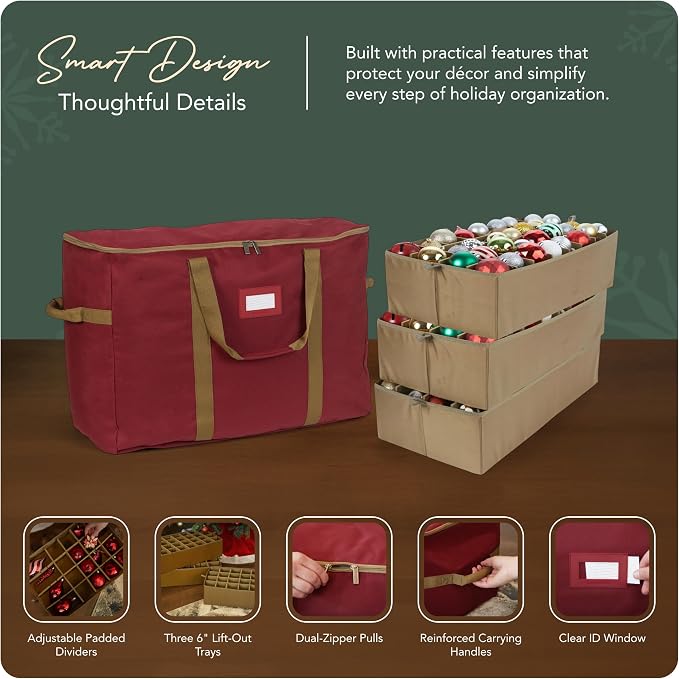 Covermates Keepsakes Adjustable Ornament Storage Bag – Heavy-Duty Polyester, Padded Dividers & FlexGrid Trays – Protective Holiday Ornament Organizer with Handles & Label Window, Red - Image 4