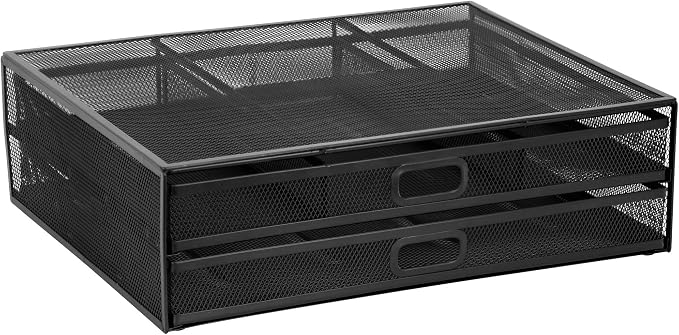 MOUNT-IT! Computer Monitor Stand With Drawers, Metal Mesh Riser and Organizer for Laptops and Computer Screens, Laptop, and Printer Accessories and Office Supplies (Black) - Image 2