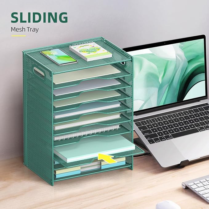 OUTWOLF 10 Tier Paper Organizer - Letter Tray Mesh Desk File Organizer with Handles for Office School Desktop, Green - Image 5