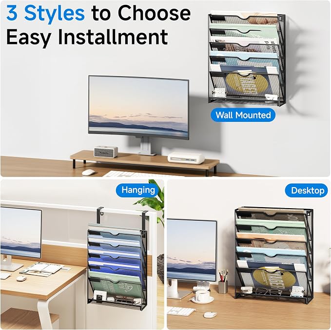 Lavatino 6-Tier Mesh Hanging Wall File Organizer with Hooks – No Installation Needed, Paper Mail Organizer Wall-Mounted File & Magazine folder Holder for Office and Home (Black) - Image 4