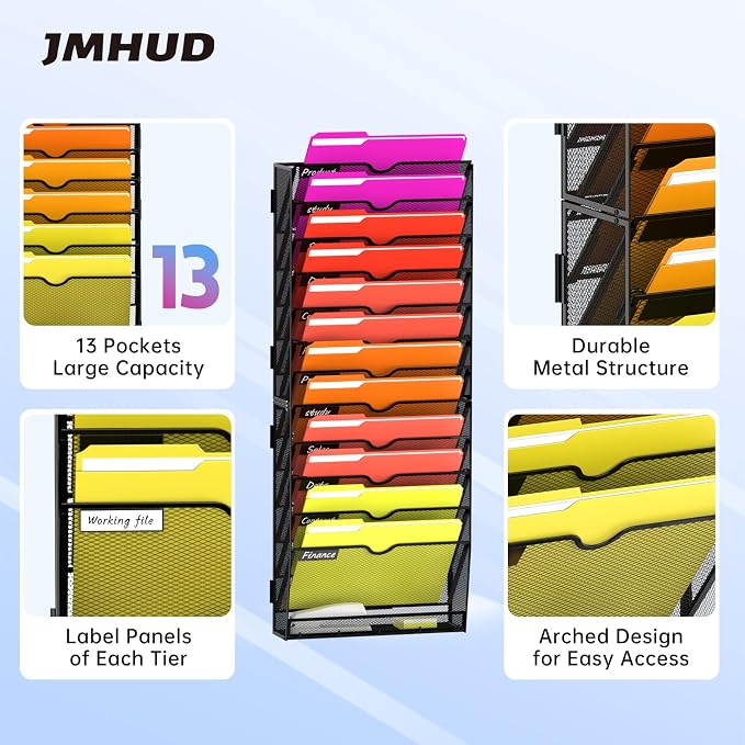 13-Tier Wall File Organizer with Base and Hooks, Hanging Organizer, Black | Wall Organizer and Wall File Holder with 13 Vertical Pockets and Bottom Tray for Files, Mail, Folders, Magazines and Paper - Image 3