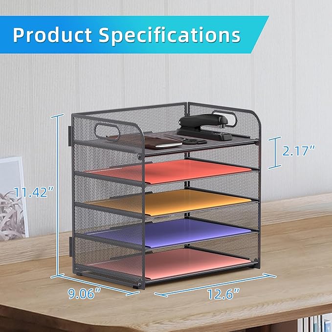 5 Trays Paper Organizer Letter Tray with Handle-Mesh Desk File Organizer, Grey Paper Sorter Desk Organizer for Office, Home or School - Image 6