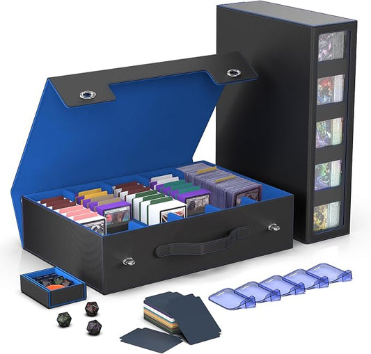 Kabinka MTG Card Storage Box with Handle & Mechanical Latch,5-Row 3900+ Commander Trading Card Case with Sealed Display Window,Top Loaders Organizer Deck Box for MTG/TCG/PTCG/Sports Cards (Black Blue) by Kabinka