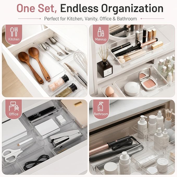 10 Pack Large Drawer Organizer Bins - Clear Plastic Bathroom Drawer Organizer Trays - Heavy Duty Kitchen Drawer Dividers for Utensils - Non-Slip Storage Bins for Makeup, Bedroom, Office Desk - Image 8