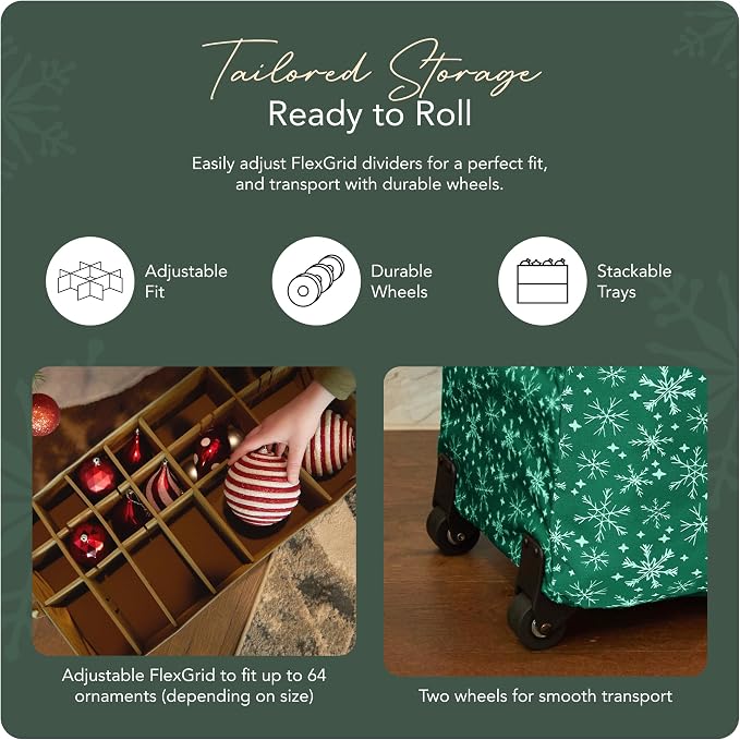 Covermates Keepsakes Rolling Adjustable Ornament Storage Bag – Heavy-Duty Polyester, FlexGrid Trays & Padded Dividers – Protective Holiday Organizer with Wheels, Handles & ID Window, Green Snowflake - Image 5