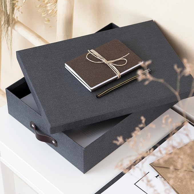 Bigso Oskar Canvas Fiberboard Document Letter Box for Important Paperwork A4 or Letter Size - Durable Keepsake Box with Lid and Leather Handle - 3.3in x 10.2in x 13.8in - Black - Image 5