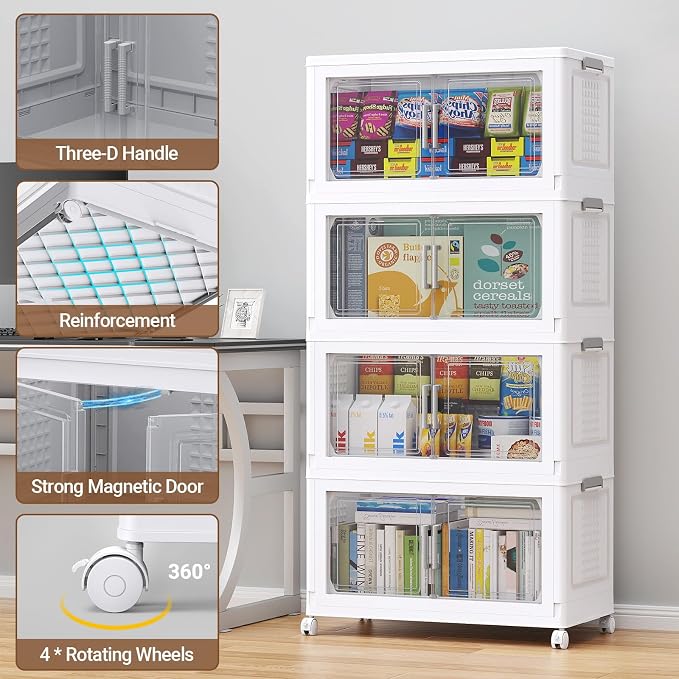 BROVIEW 324 Qt Stackable Storage Bins Foldable Cabinet, V40 White 3-Pack | Extra Large Collapsible Storage Bins with Lid Doors Wheels Dividers, Closet Organizers and Storage Drawer for Home Office - Image 4