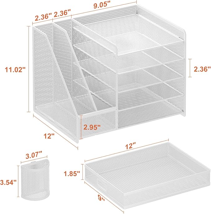 Marbrasse Desk Organiser with File Holder, 5-Tier Paper Letter Tray Organiser with Drawer and 2 Pen Holder, Mesh Desktop Organizer and Storage with Magazine Holder for Office Supplies(White) - Image 6