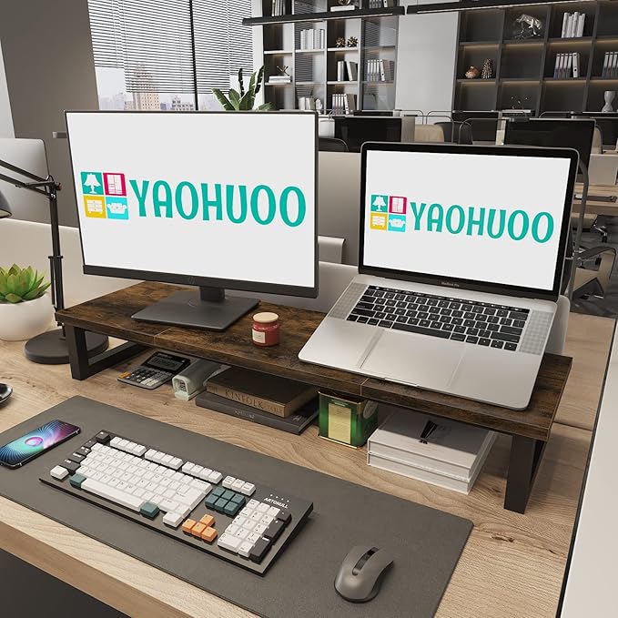 YAOHUOO Dual Monitor Stand Riser, 39Inch Large Monitor Stands for 2 Monitors, Computer Monitor Stand, Wooden Desktop Oraganizer Shelf for Office Desk Computer,Laptop,TV - Image 3