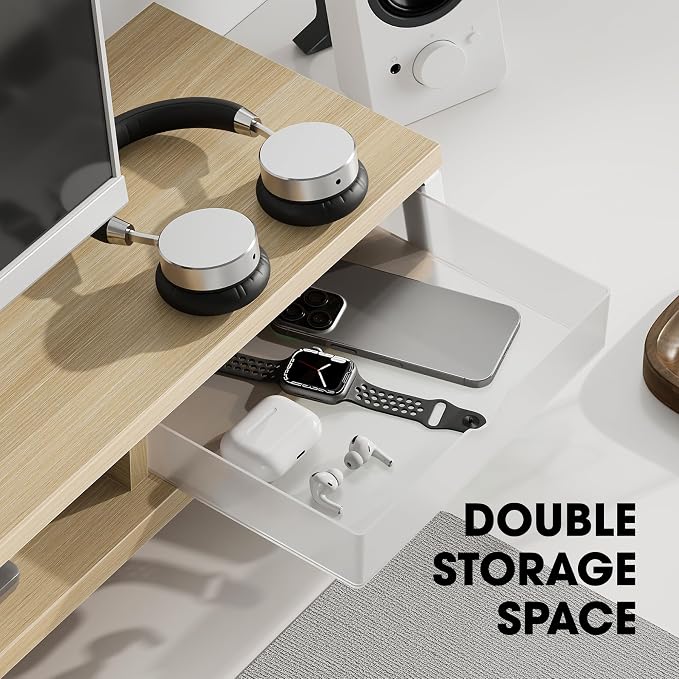 Fenge Dual Monitor Stand Riser, 42.5in Desk Shelf with 2 Drawers, Oak | 2-Tier Monitor Shelf for Desk, Storage Drawer with Stopper, Frosted, fit Home Office, Ultrawide Screen, PC, Laptop, TV - Image 5