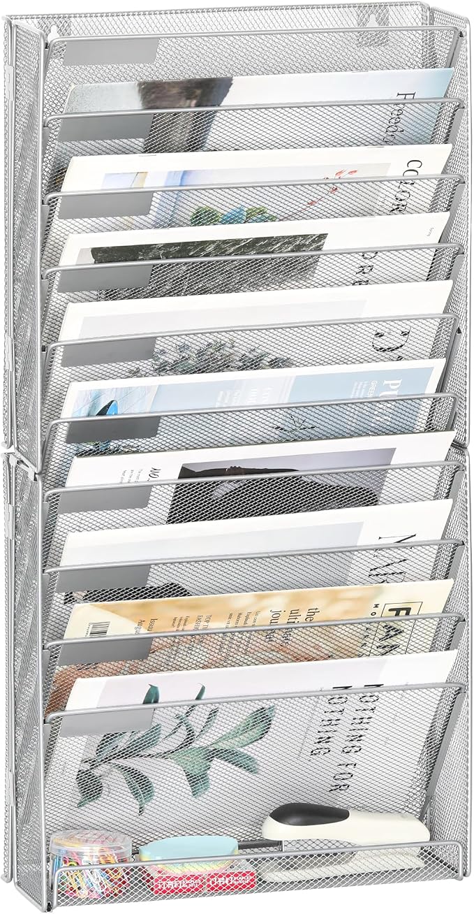EasyPAG Wall File Holder 10 Tier Mesh Hanging Folder Organizer with Flat Tray Wall Mounted Mail Organizer Magazine Paper Desk Shelf with Nametag Label for Office Home School, Silver by EasyPAG