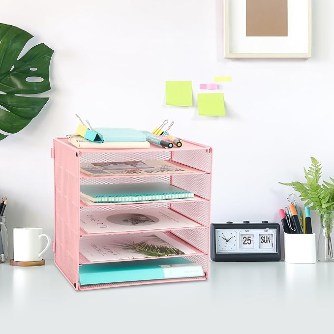 5 Slot Mesh Desk Organizer Tray, File Paper Letter Folder Holder Desktop Paper Sorter Mail Organization Rack Storage Accessories, for Office Home School Classroom, Pink - Image 6