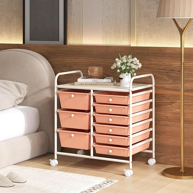 Moccha 9-Drawer Rolling Storage Cart - Under Desk Storage Drawers with wheels for Craft Art Supply Paper Salon, Scrapbook Paper Tools, Mobile Utility Cart for Classroom, Peach - Image 2