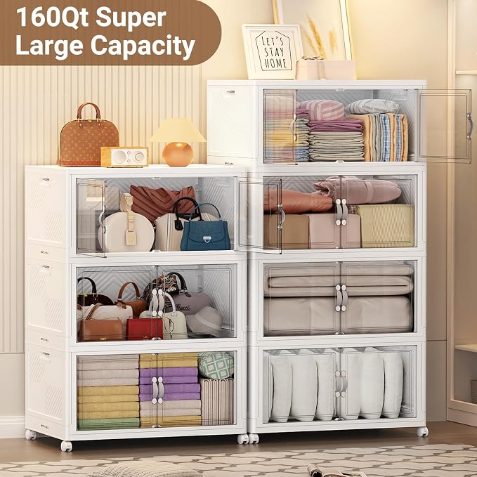 BROVIEW 480QT Large Stackable Storage Bins with Clear Doors, V20 3Pack | 120Gal Plastic Closet Organizer Cabinet with Lid and Wheels, Collapsible Latch Box Folding Drawer for Home, White - Image 6