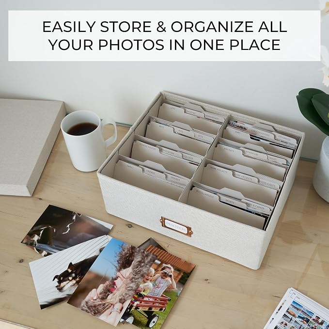 ZICOTO Decorative Photo Storage Box - Sturdy Linen Photo Organizer with Dividers is Perfect to Store up to 1700 Pictures and 4x6 Photos - Portable Scrapbook Storage Containers with Lid - Image 2