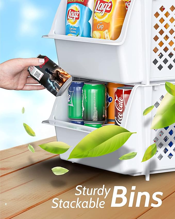 Skywin Stackable Storage Bins Open Front for Pantry Storage, 8 Pack - White | Sturdy Plastic, Easy Stacking, Open Front Access, Ventilated Sides, Vertical & Space Saving Pantry Organizers and Storage Bin - Image 4