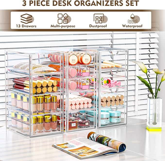 Acrylic Desk Organizers And Accessories With 13 Drawers, Office Desktop Drawers, Plastic Makeup Organizer Containers Bins With Drawers Desk Organization, Bathroom Organizers Storage Case Box Cube - Image 6