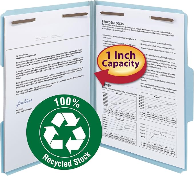 Smead 100% Recycled Pressboard Fastener File Folder, 2 Fasteners, 1/3-Cut Tab, 1" Expansion, Letter Size, Blue, 25 per Box (15000) - Image 2
