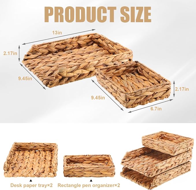3 Pack Water Hyacinth Woven Stackable Desk Organizer Letter Tray, Primary Color Tabletop Desk Basket for Storage Paper Letter Folders Notebooks Copy Print, Workspace Holder - Image 2