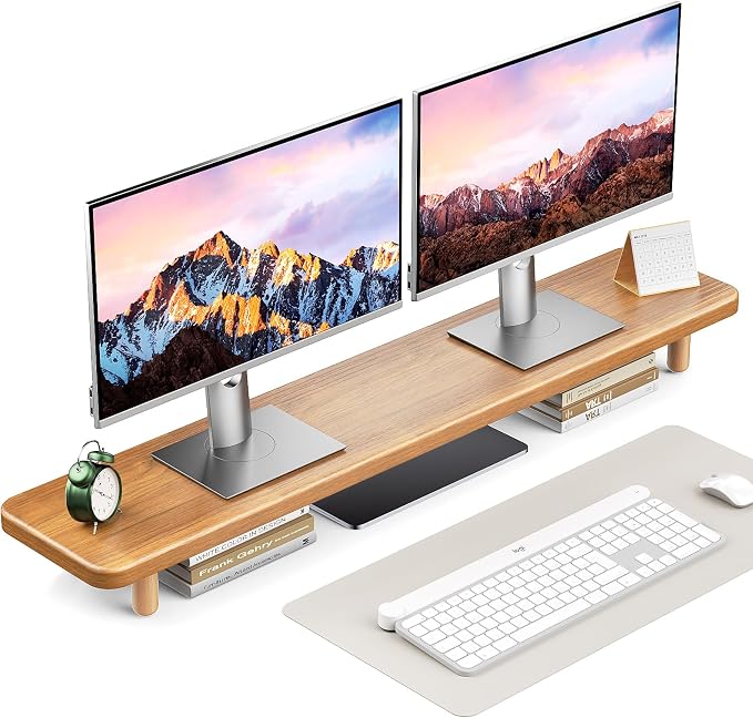 Dual Monitor Stand Riser, 39 Inch Extra Long Wooden Desktop Monitor Riser with Storage for 2 Monitors Ultra Strong Desk Shelf Organizer Riser Ergonomic for 2 Screens/Laptop/PC/TV/Printer (Light Walnut, 39inches) by NestNeatHome