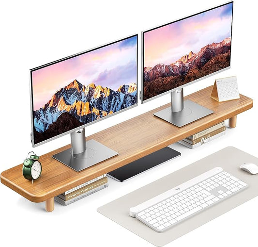 Dual Monitor Stand Riser, 39 Inch Extra Long Wooden Desktop Monitor Riser with Storage for 2 Monitors Ultra Strong Desk Shelf Organizer Riser Ergonomic for 2 Screens/Laptop/PC/TV/Printer (Light Walnut, 39inches) by NestNeatHome