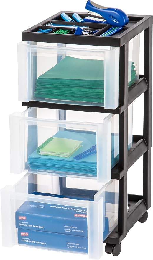 IRIS USA 3-Drawer Rolling Storage Cart, Black/Clear | Keep craft supplies, office essentials, classroom items, and accessories organized with easy-access drawers for daily use - Image 9