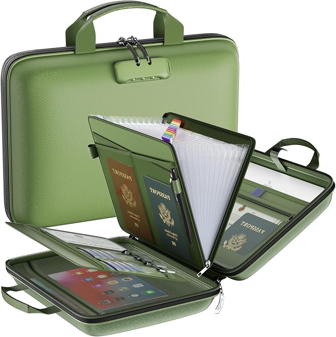 Tamfile Fireproof File Organizer with Lock,Hard Case Fireproof Document Box | 13 Transparent Pockets Accordion File Folder, Office Important Document Organizer for Letter A4 Files Laptop Passports, Green by Tamfile