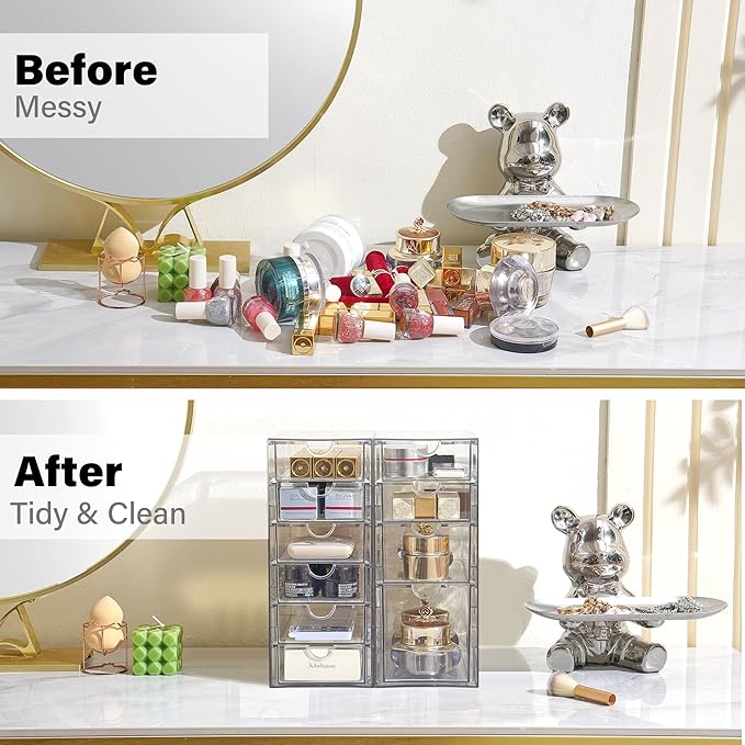 Prsildan Hair Accessories Organizer Acrylic Drawer with 10 Drawers | Clear, Craft Art Supply Storage, For Office Desk Bathroom Vanity Countertop, Set of 2 - Image 4