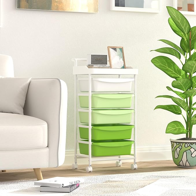 5 Drawers Plastic Rolling Storage Cart with Wheels, Teacher Supply | Green, 32 inch, Skinny, Craft Art Organizer, Utility Cart, Home Office Bedroom Dorm Classroom Supply - Image 6
