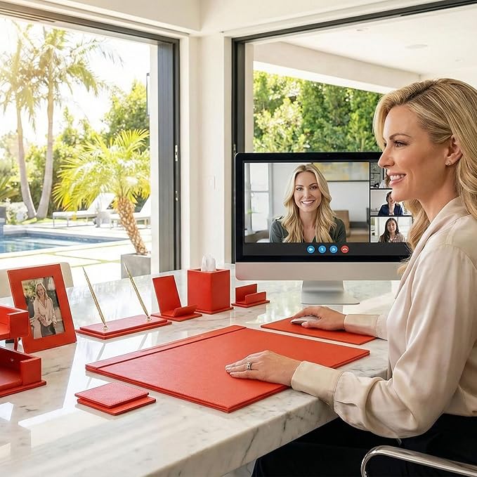 Desk Set, 11-Piece All-in-One – Executive Desk Accessories & Office Supplies, Leather Desk Organizer with Desk Pad, 2-Tier Letter Tray, Luxury Office Desk Decor & Boss Gifts (Orange)