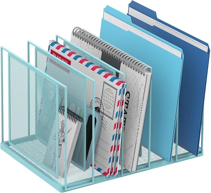 File Organizer for Desk, 5-Section Vertical File Sorter, Paper Holder Organizer Standing Metal File Folder for Office Home Classroom, Blue by JMHUD