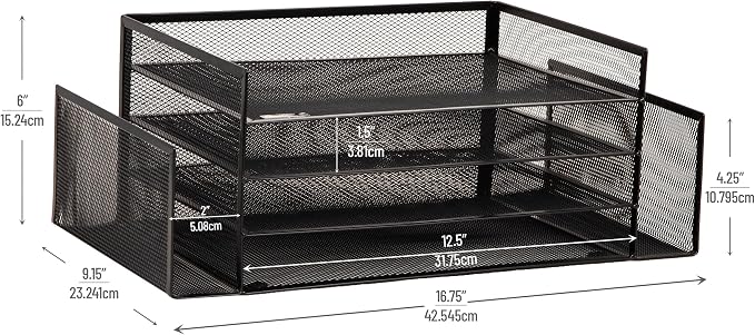 Mind Reader Desktop Organizer, File Storage, Paper Tray, Workspace, Office, Metal Mesh, 16.75"L x 9.15"W x 6"H, Black - Image 3