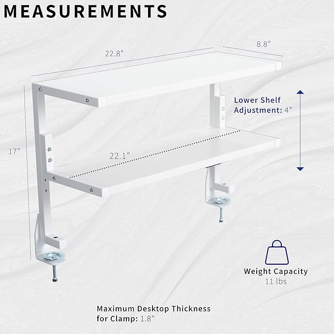 VIVO White Clamp-on 24 inch 2-Tier Desk Shelf, STAND-SHELF24C-W | Above or Below Desk, 2 Level Shelving Unit for Table Accessories, Gaming Devices, and More, Storage Tray, Desktop Organizer - Image 3